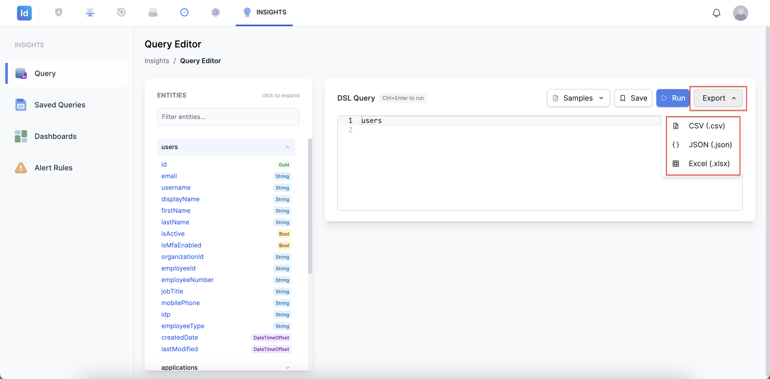 Menu dropdown Export